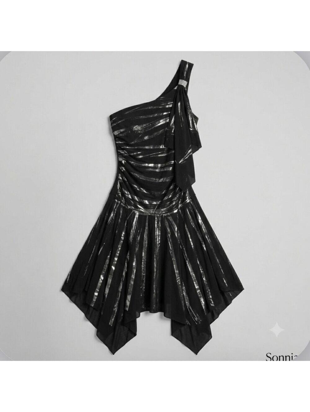 Y2K mcbling handkerchief hem whimsigoth metallic pixie hem one shoulder grunge